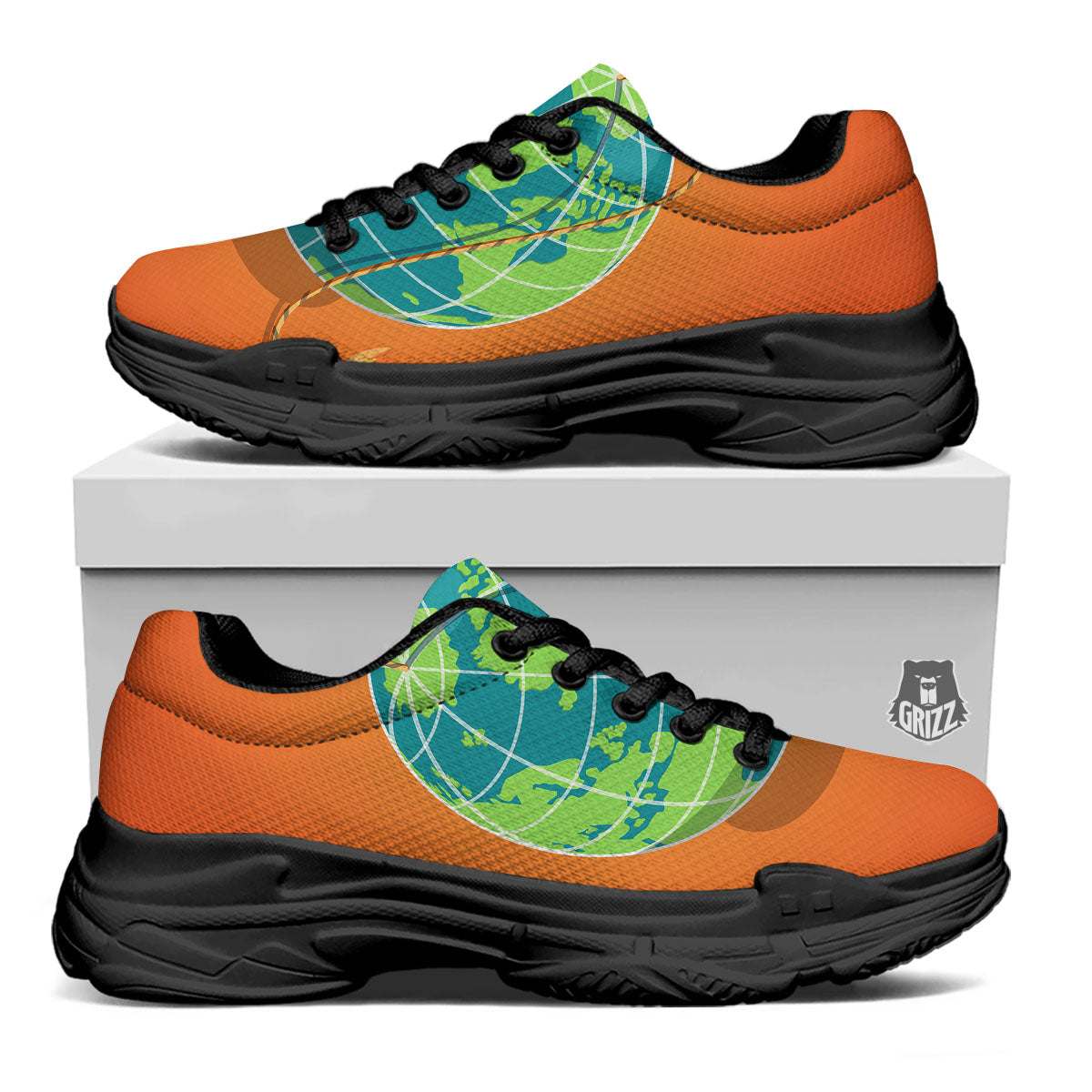 Planet Earth With Burning Fuse Orange Print Black Chunky Shoes-grizzshop