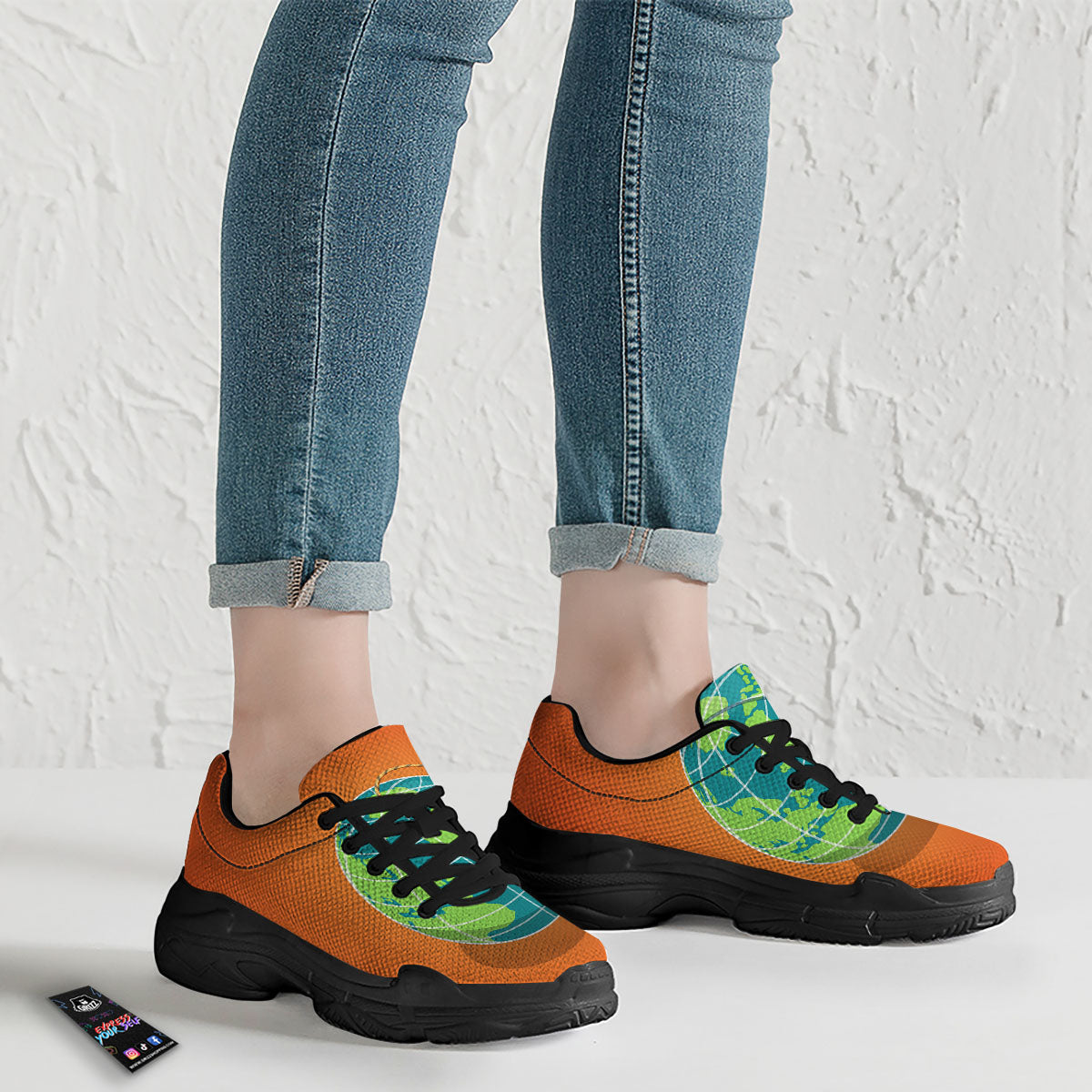 Planet Earth With Burning Fuse Orange Print Black Chunky Shoes-grizzshop