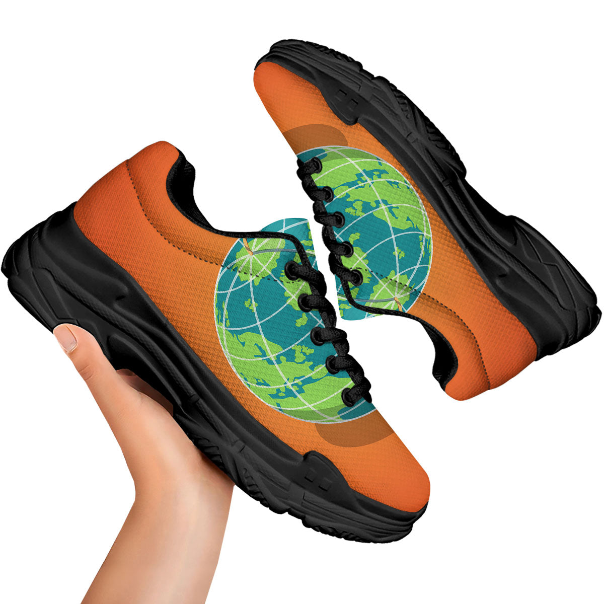Planet Earth With Burning Fuse Orange Print Black Chunky Shoes-grizzshop