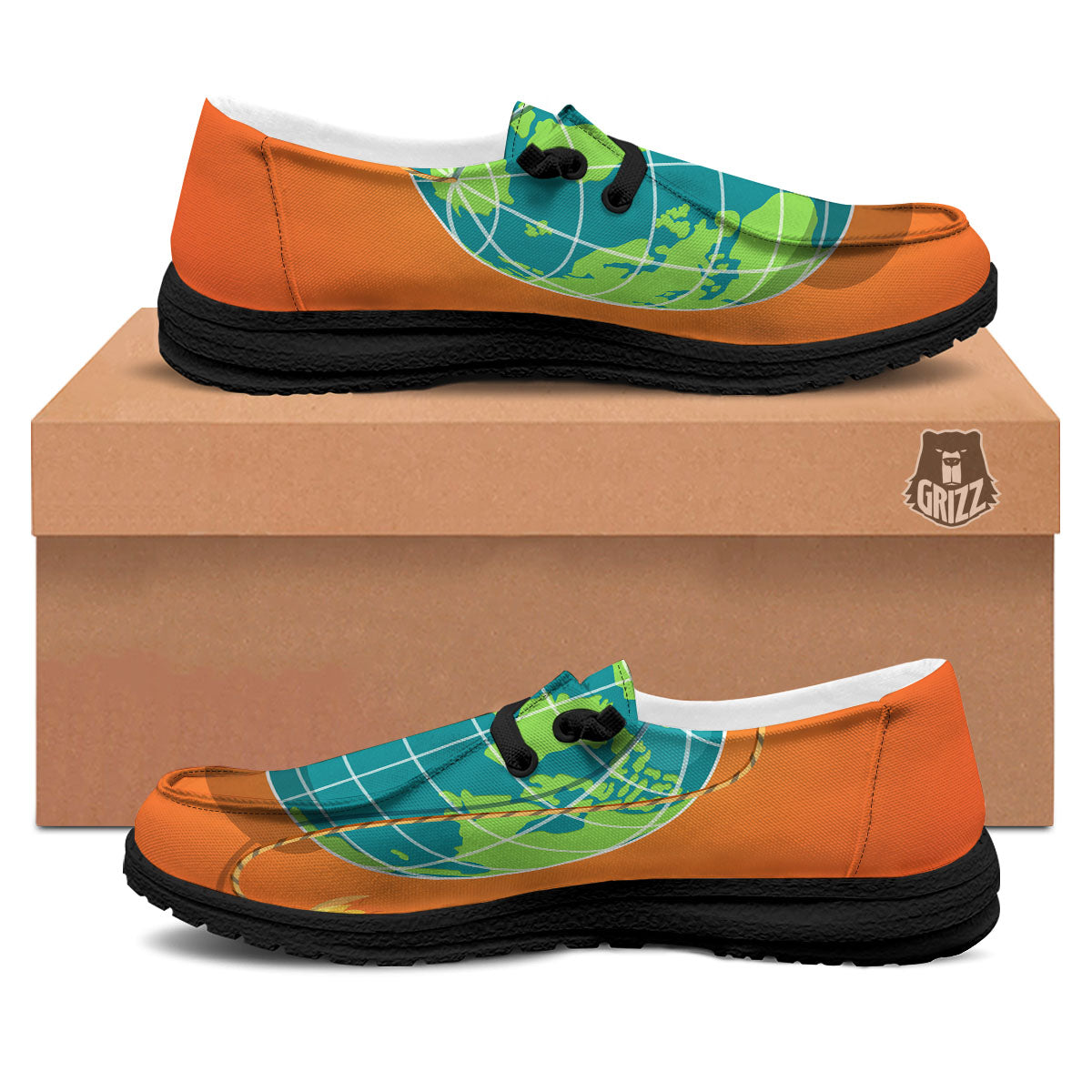 Planet Earth With Burning Fuse Orange Print Black Loafers-grizzshop