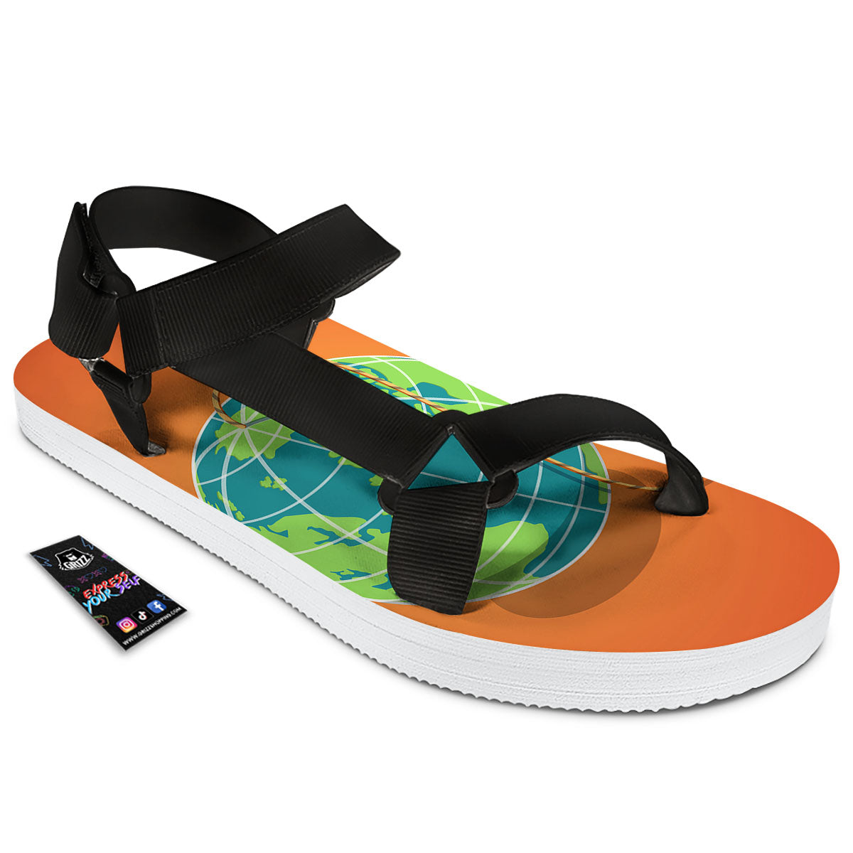 Planet Earth With Burning Fuse Orange Print Black Open Toe Sandals-grizzshop