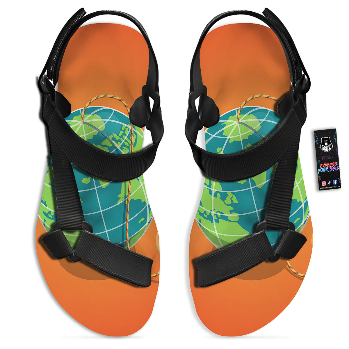 Planet Earth With Burning Fuse Orange Print Black Open Toe Sandals-grizzshop
