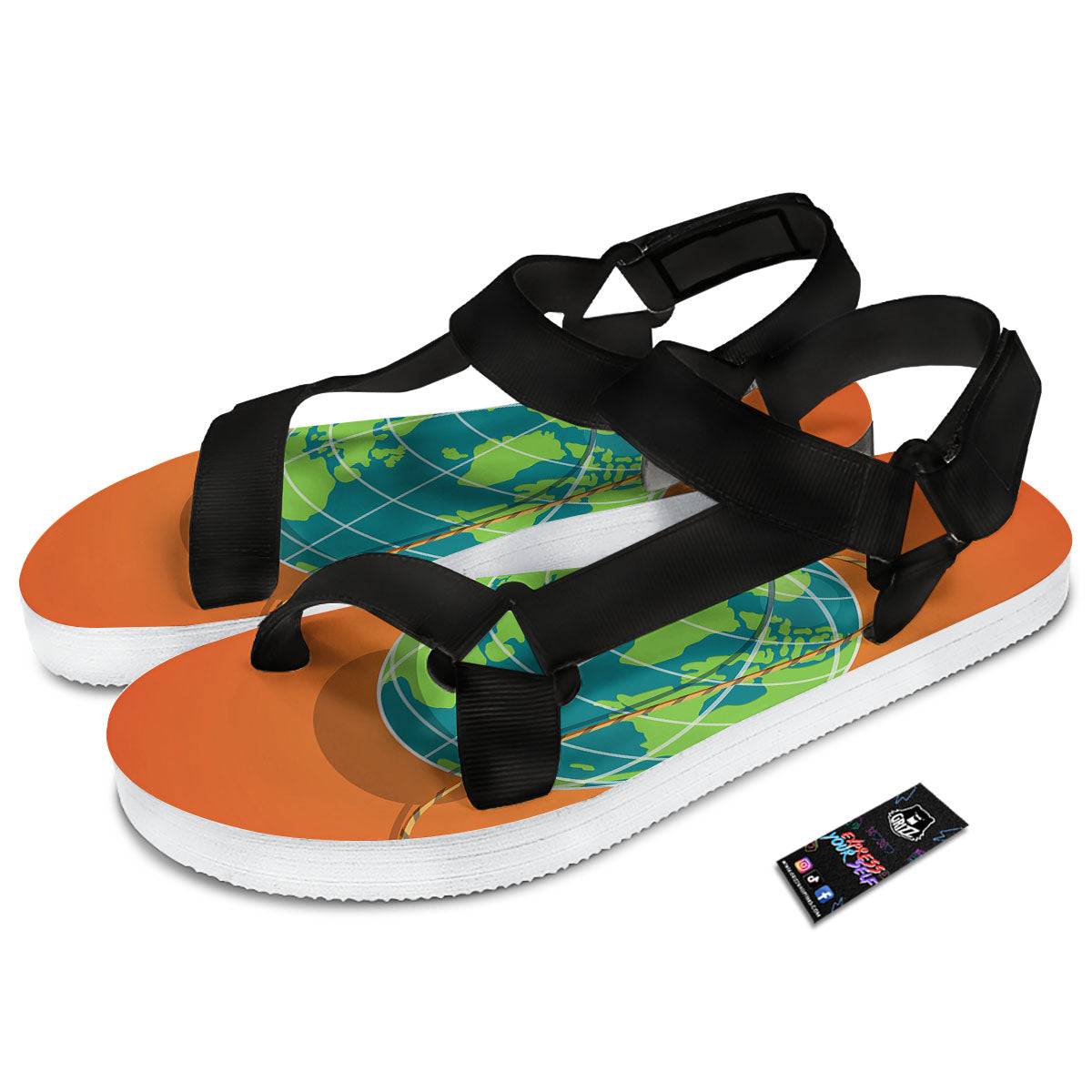 Planet Earth With Burning Fuse Orange Print Black Open Toe Sandals-grizzshop