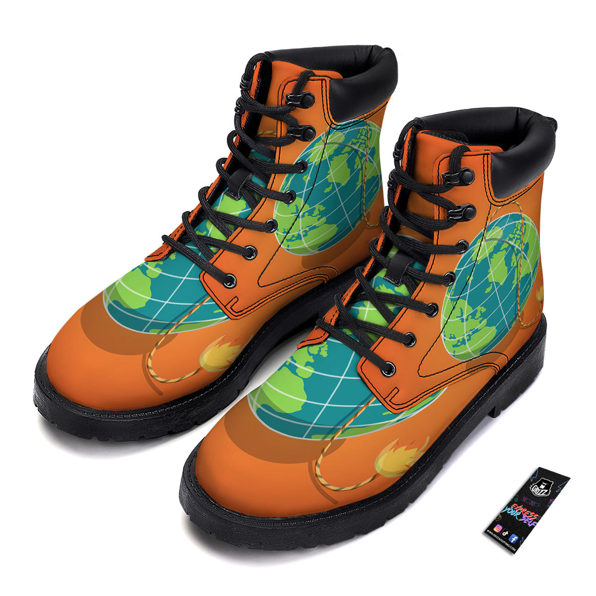 Planet Earth With Burning Fuse Orange Print Boots-grizzshop
