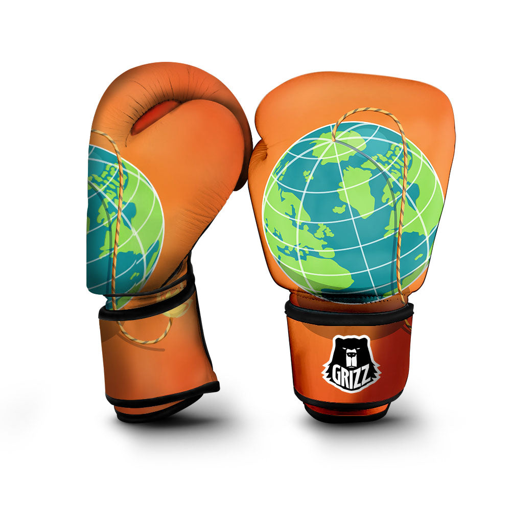 Planet Earth With Burning Fuse Orange Print Boxing Gloves-grizzshop