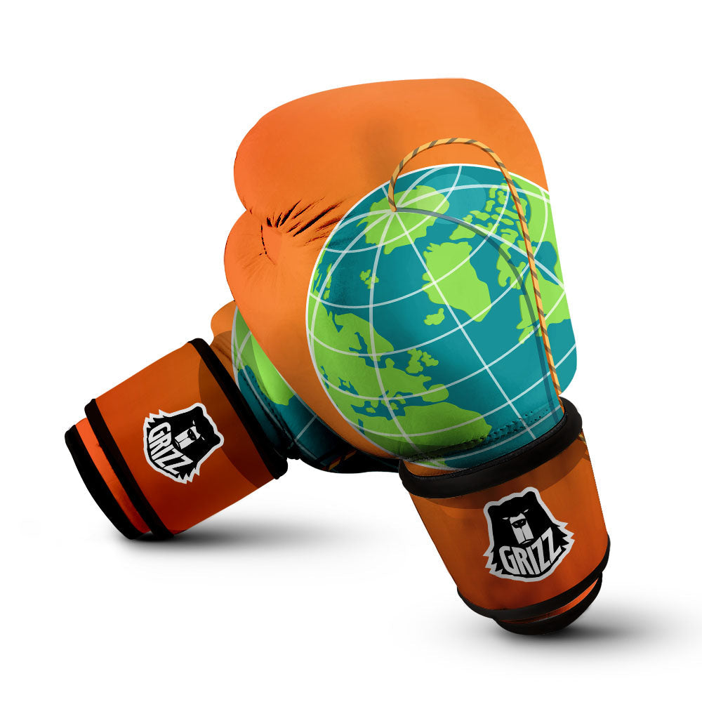 Planet Earth With Burning Fuse Orange Print Boxing Gloves-grizzshop