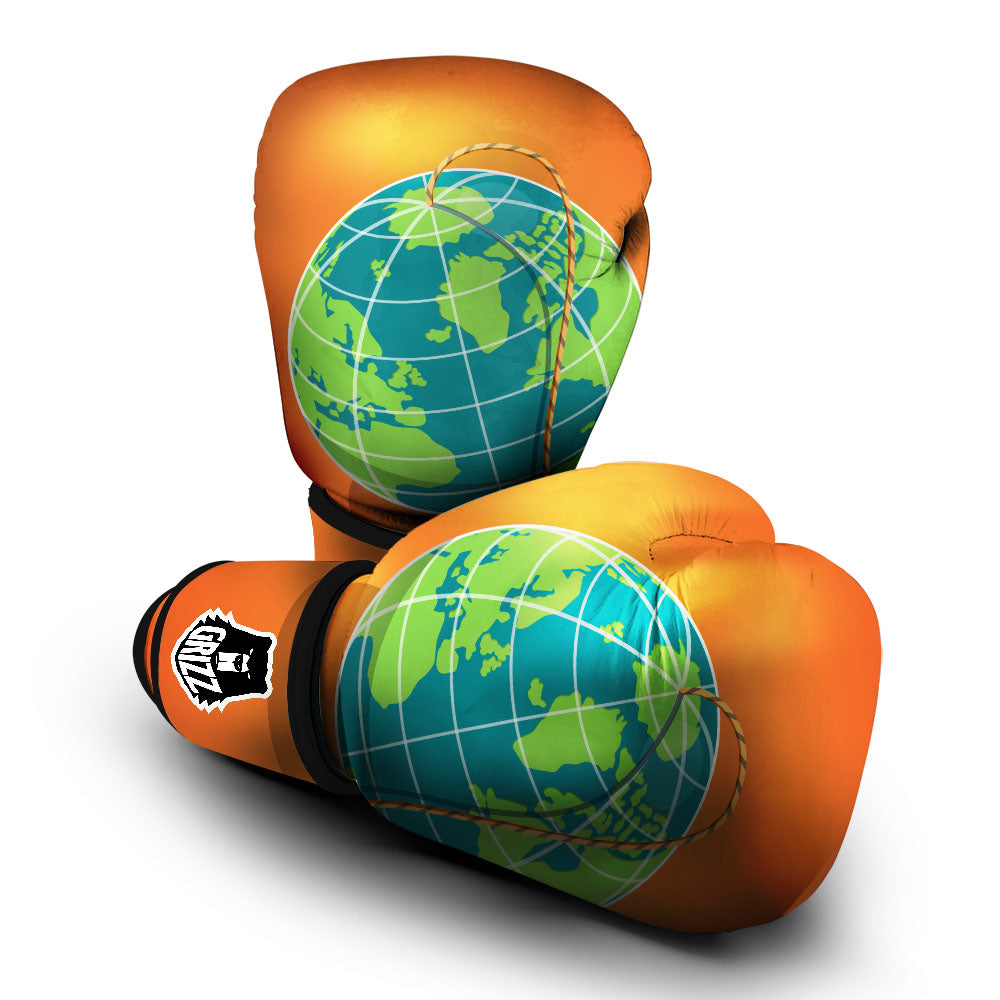 Planet Earth With Burning Fuse Orange Print Boxing Gloves-grizzshop