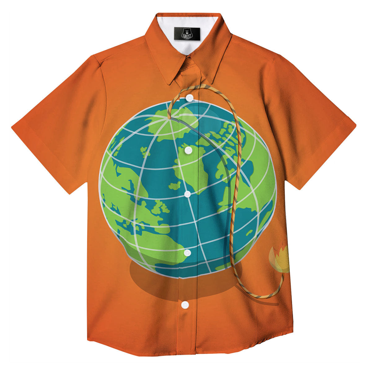 Planet Earth With Burning Fuse Orange Print Button Up Shirt-grizzshop