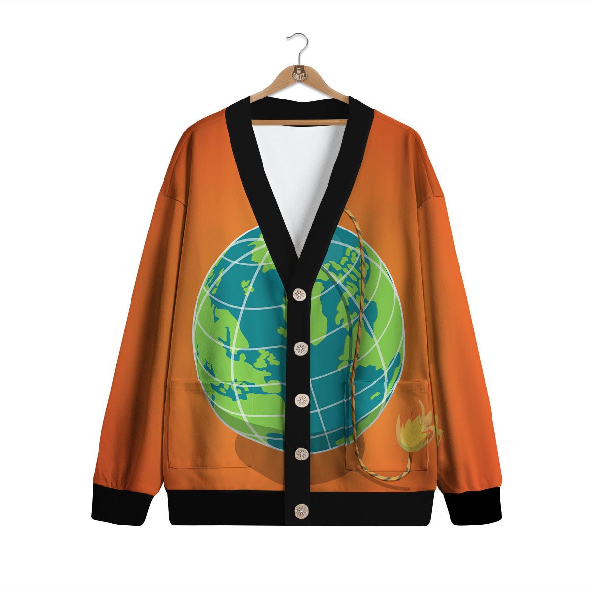 Planet Earth With Burning Fuse Orange Print Cardigan-grizzshop