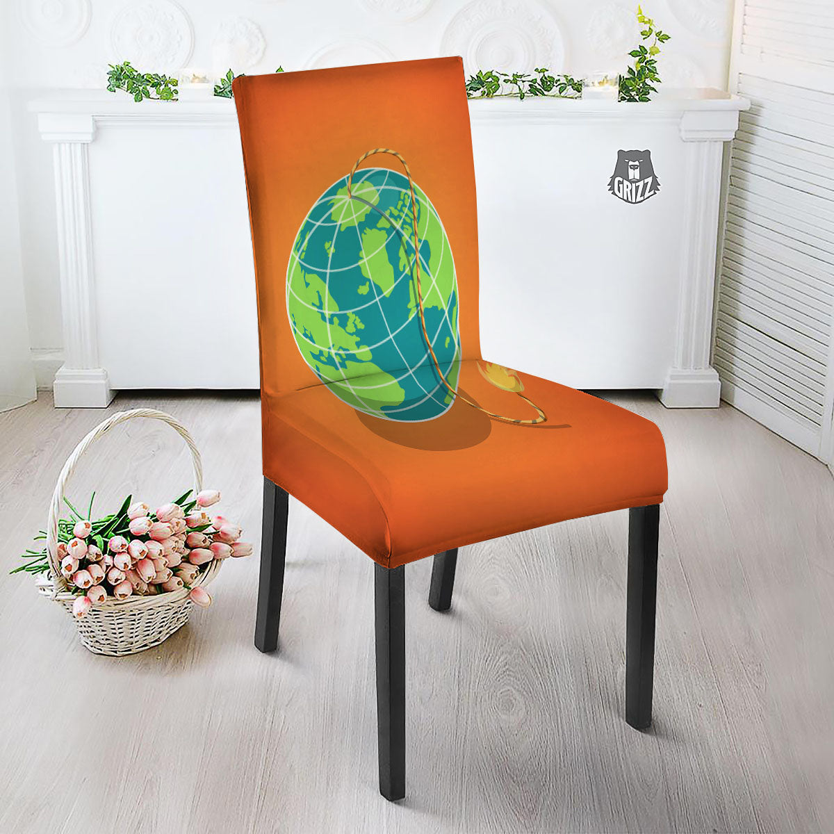 Planet Earth With Burning Fuse Orange Print Dining Chair Slipcover-grizzshop
