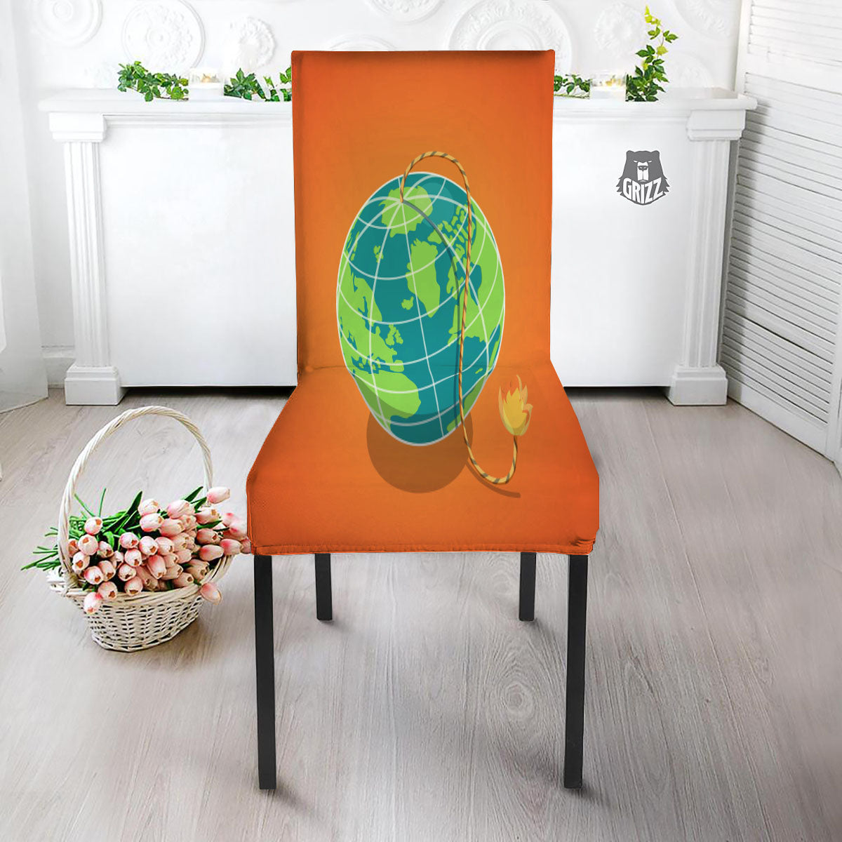 Planet Earth With Burning Fuse Orange Print Dining Chair Slipcover-grizzshop