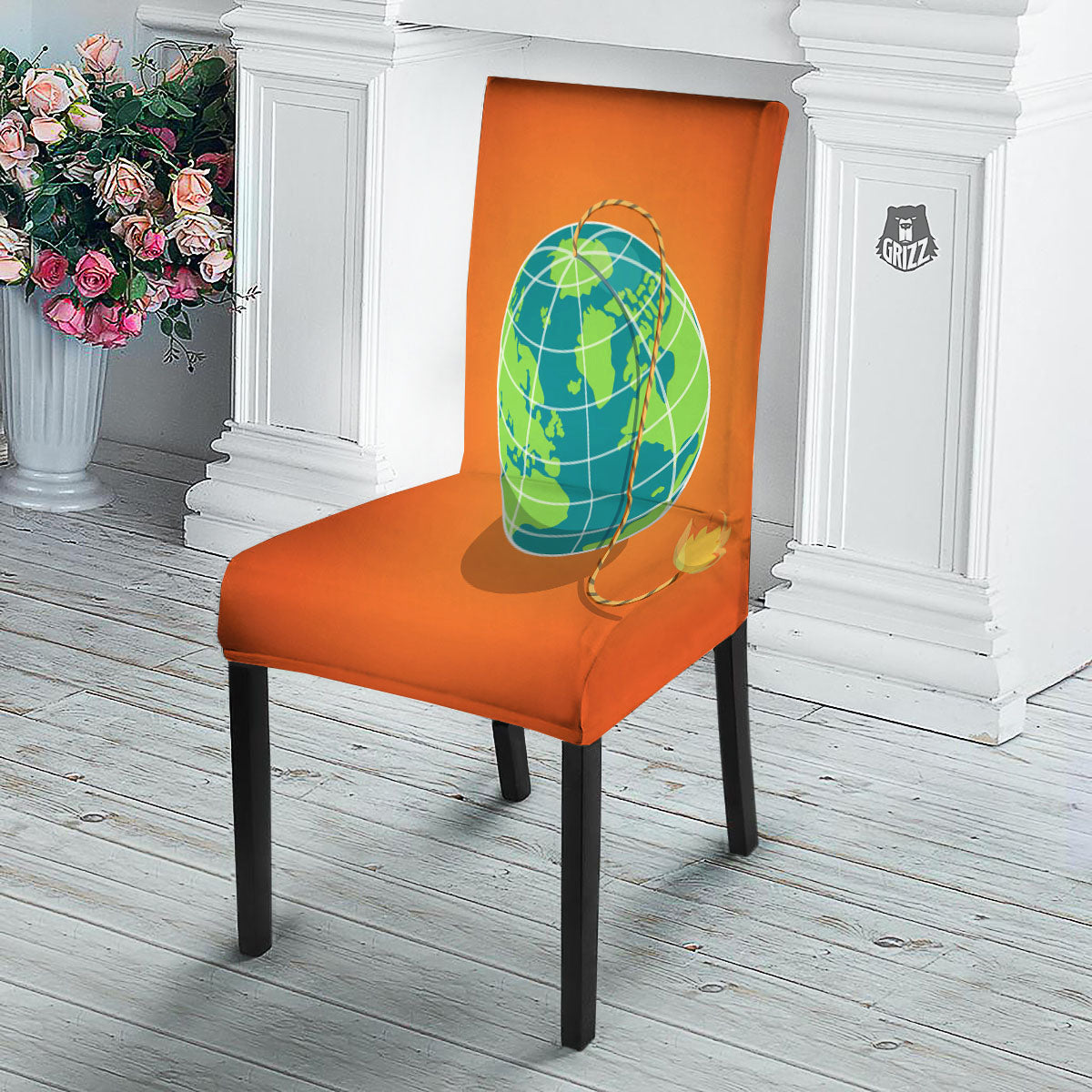 Planet Earth With Burning Fuse Orange Print Dining Chair Slipcover-grizzshop