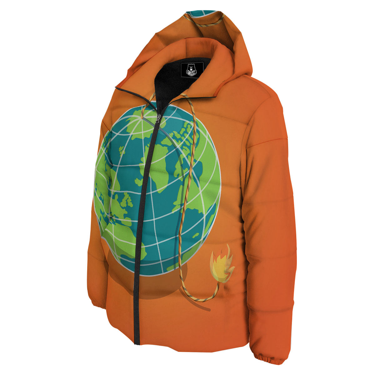 Planet Earth With Burning Fuse Orange Print Down Jacket-grizzshop