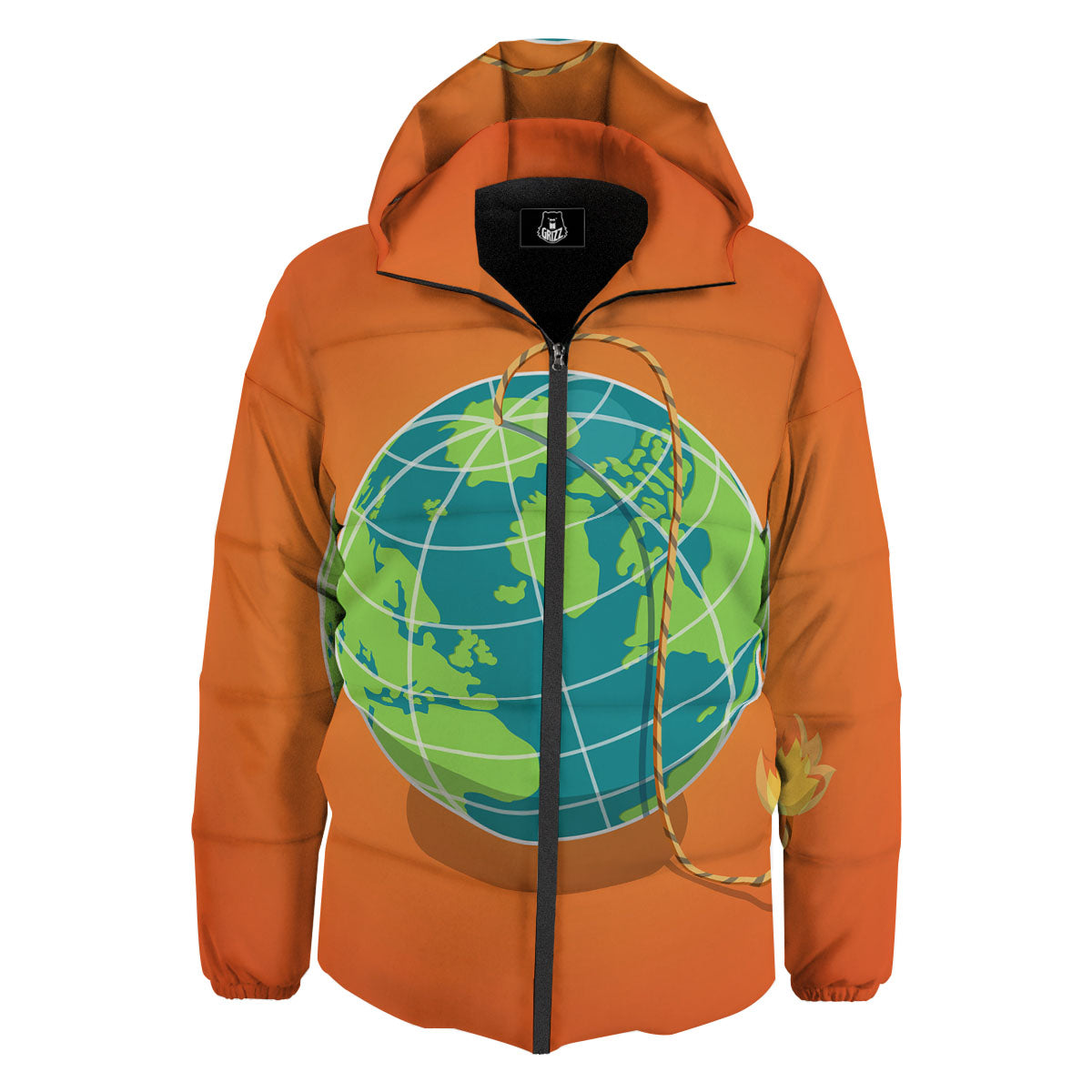 Planet Earth With Burning Fuse Orange Print Down Jacket-grizzshop