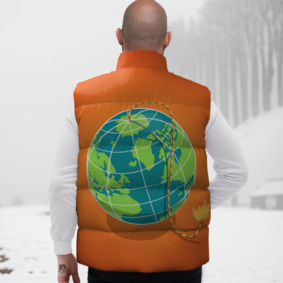 Planet Earth With Burning Fuse Orange Print Down Vest