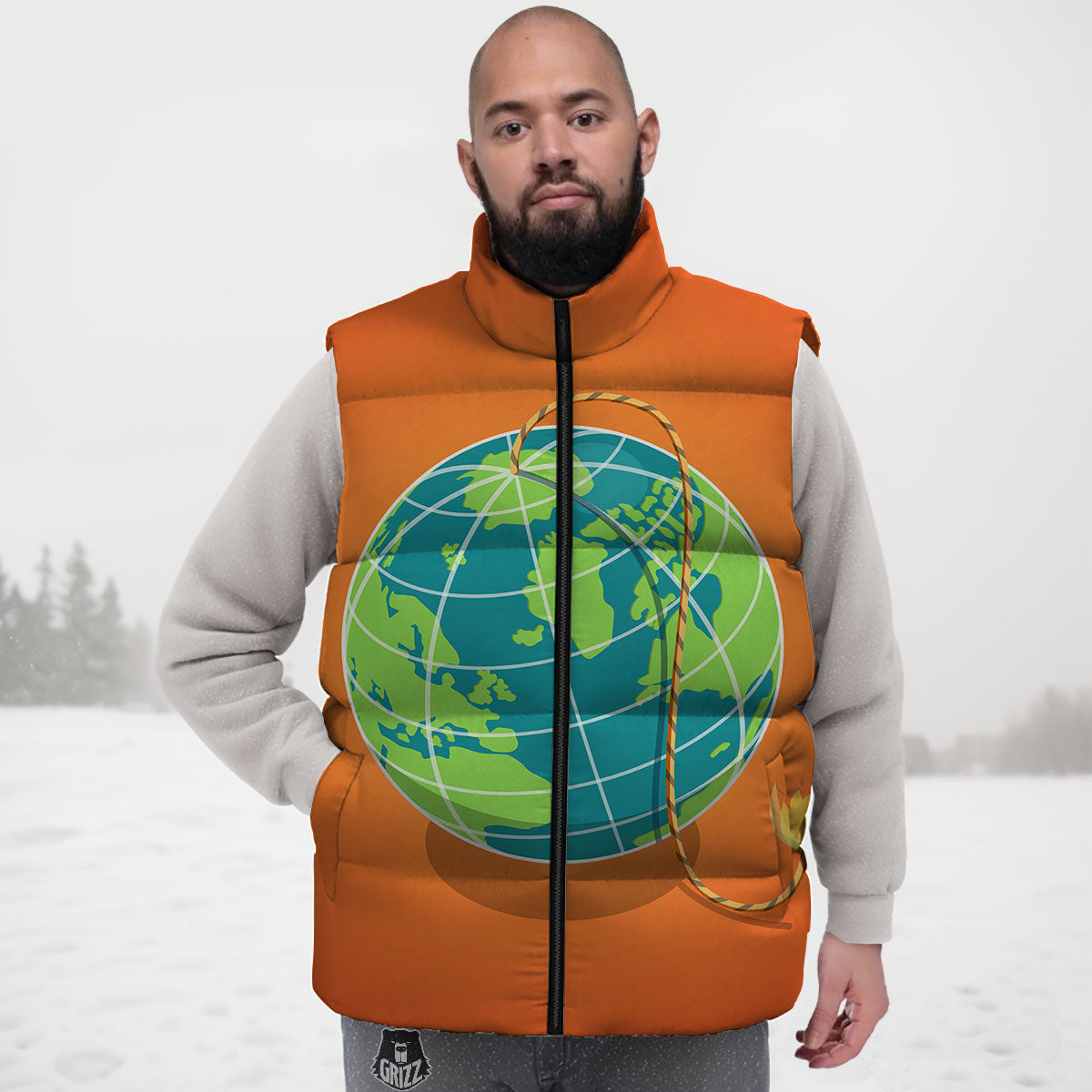 Planet Earth With Burning Fuse Orange Print Down Vest