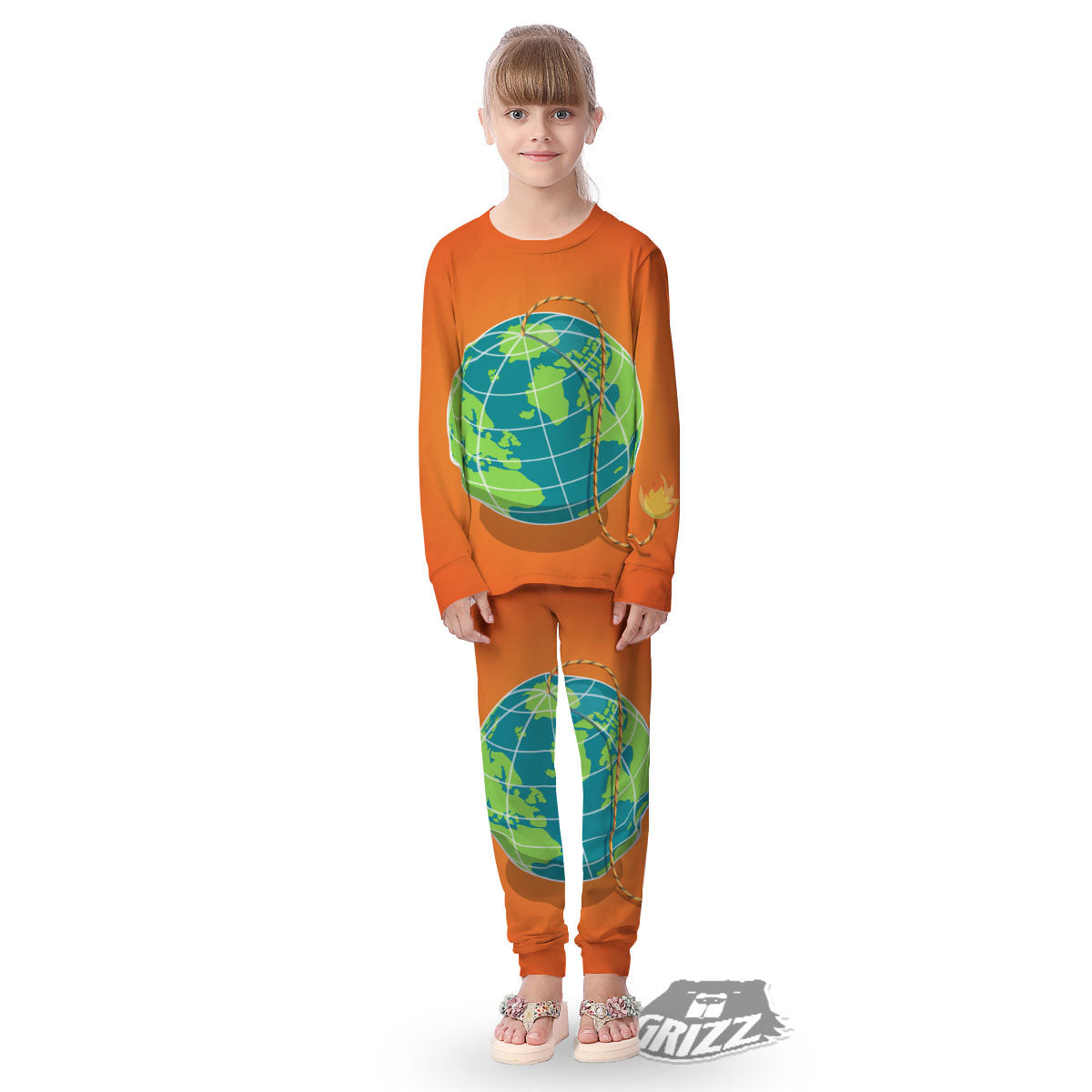 Planet Earth With Burning Fuse Orange Print Kid's Pajamas-grizzshop