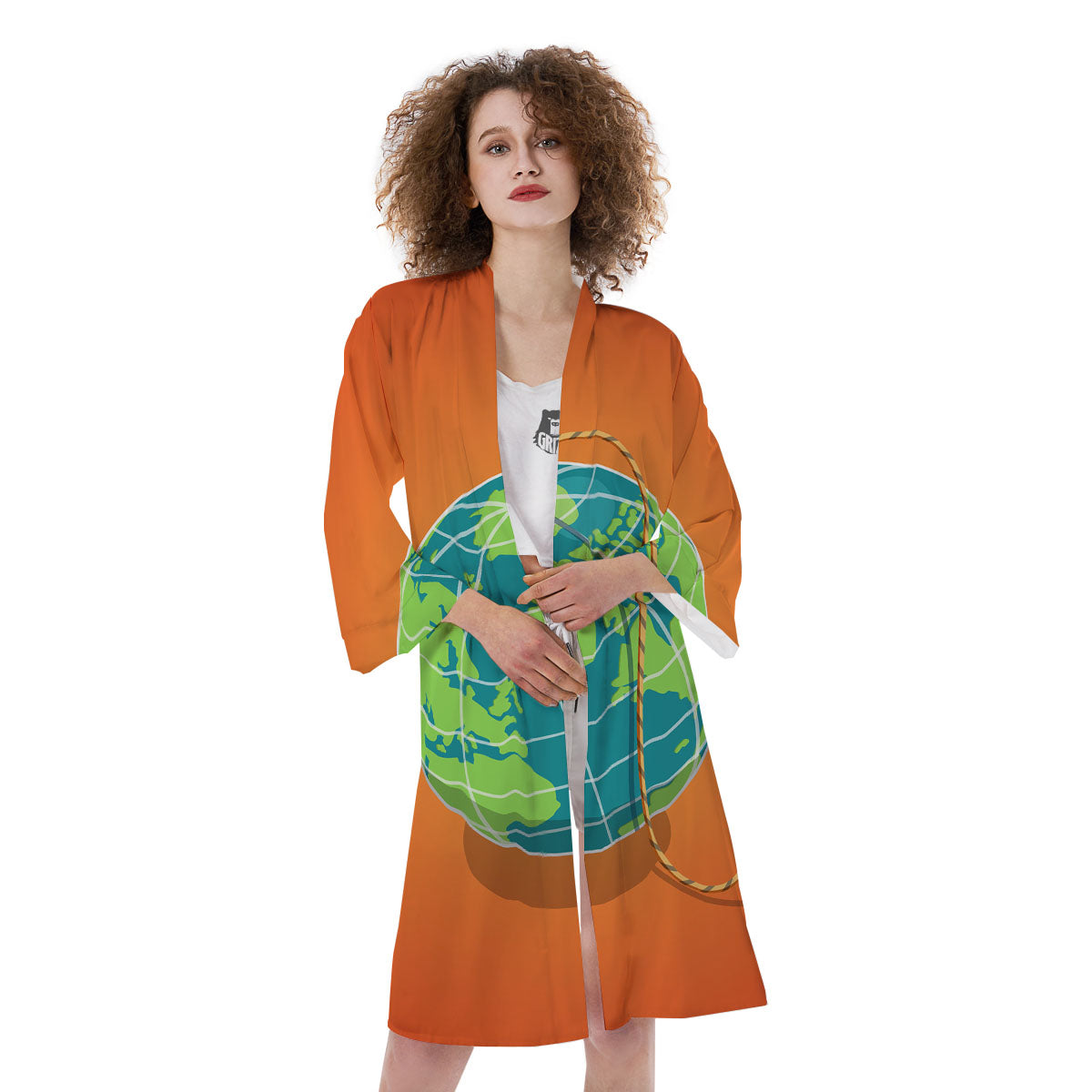 Planet Earth With Burning Fuse Orange Print Kimono-grizzshop