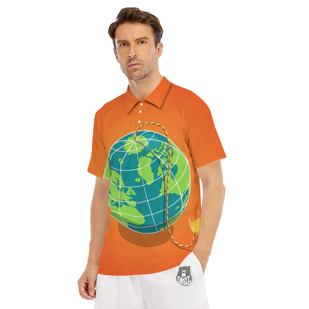 Planet Earth With Burning Fuse Orange Print Men's Golf Shirts-grizzshop