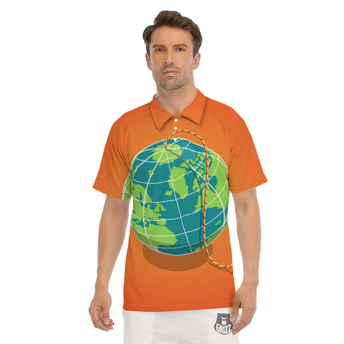 Planet Earth With Burning Fuse Orange Print Men's Golf Shirts-grizzshop