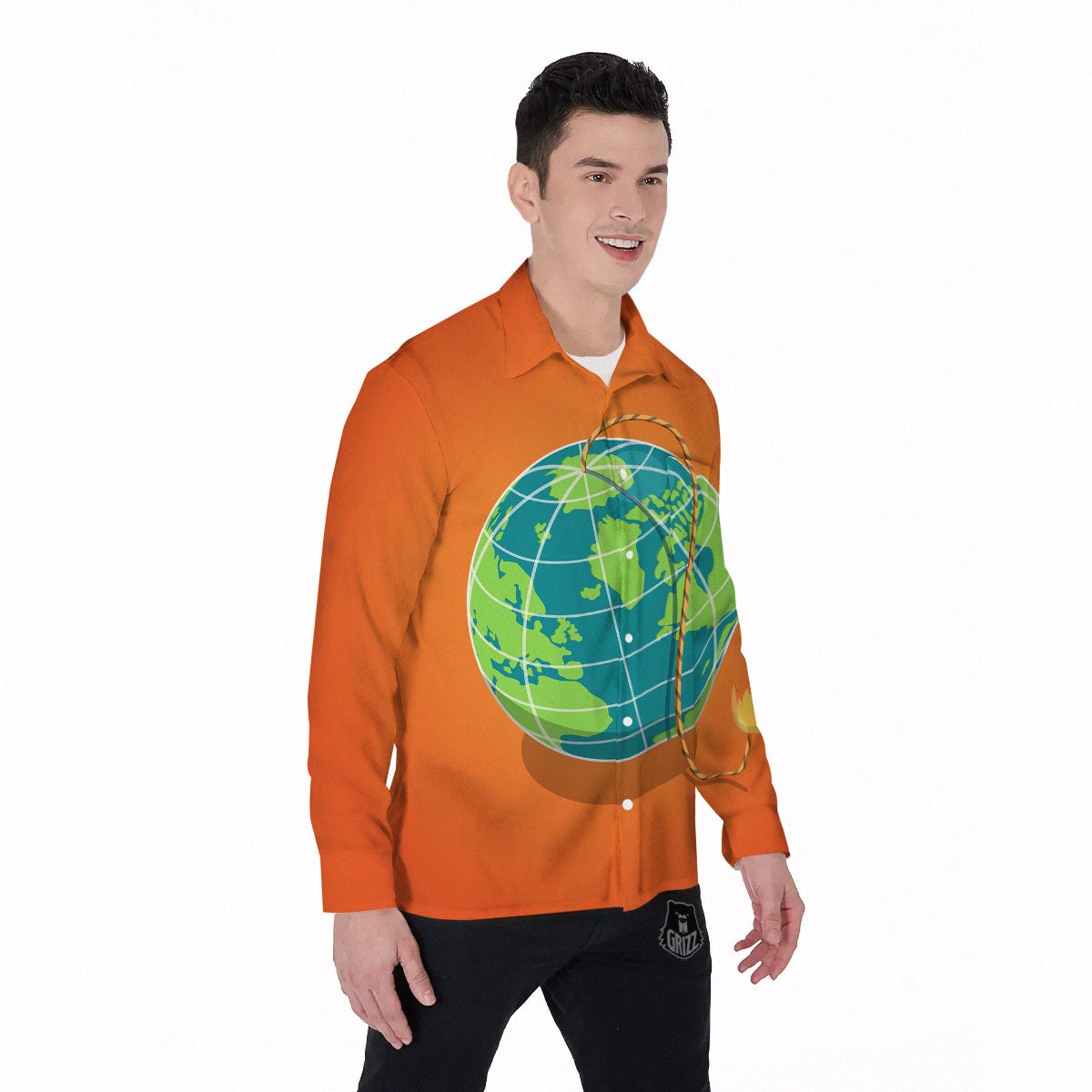 Planet Earth With Burning Fuse Orange Print Men's Long Sleeve Shirts-grizzshop