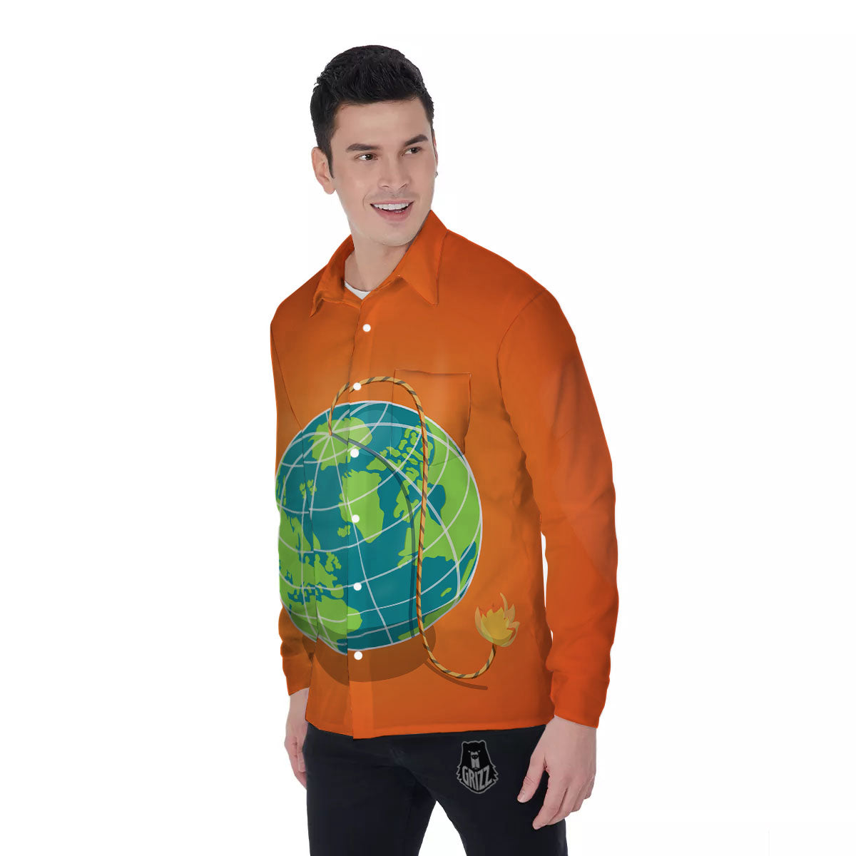 Planet Earth With Burning Fuse Orange Print Men's Long Sleeve Shirts-grizzshop