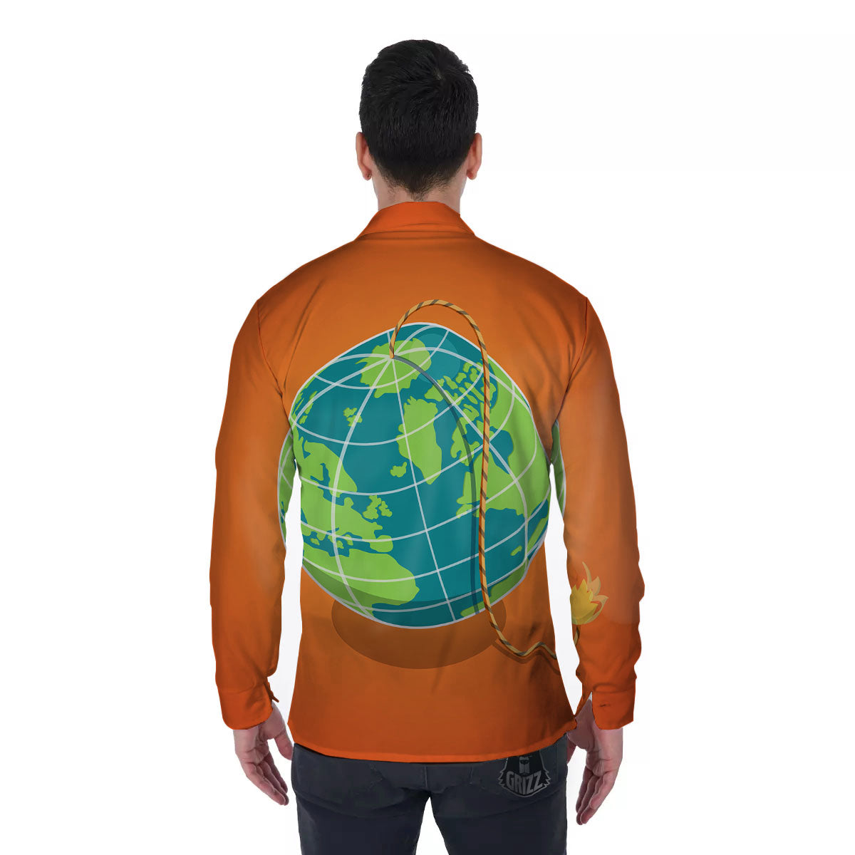 Planet Earth With Burning Fuse Orange Print Men's Long Sleeve Shirts-grizzshop