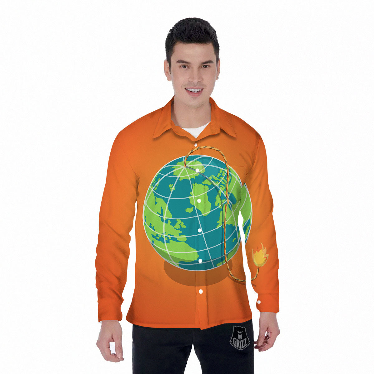 Planet Earth With Burning Fuse Orange Print Men's Long Sleeve Shirts-grizzshop