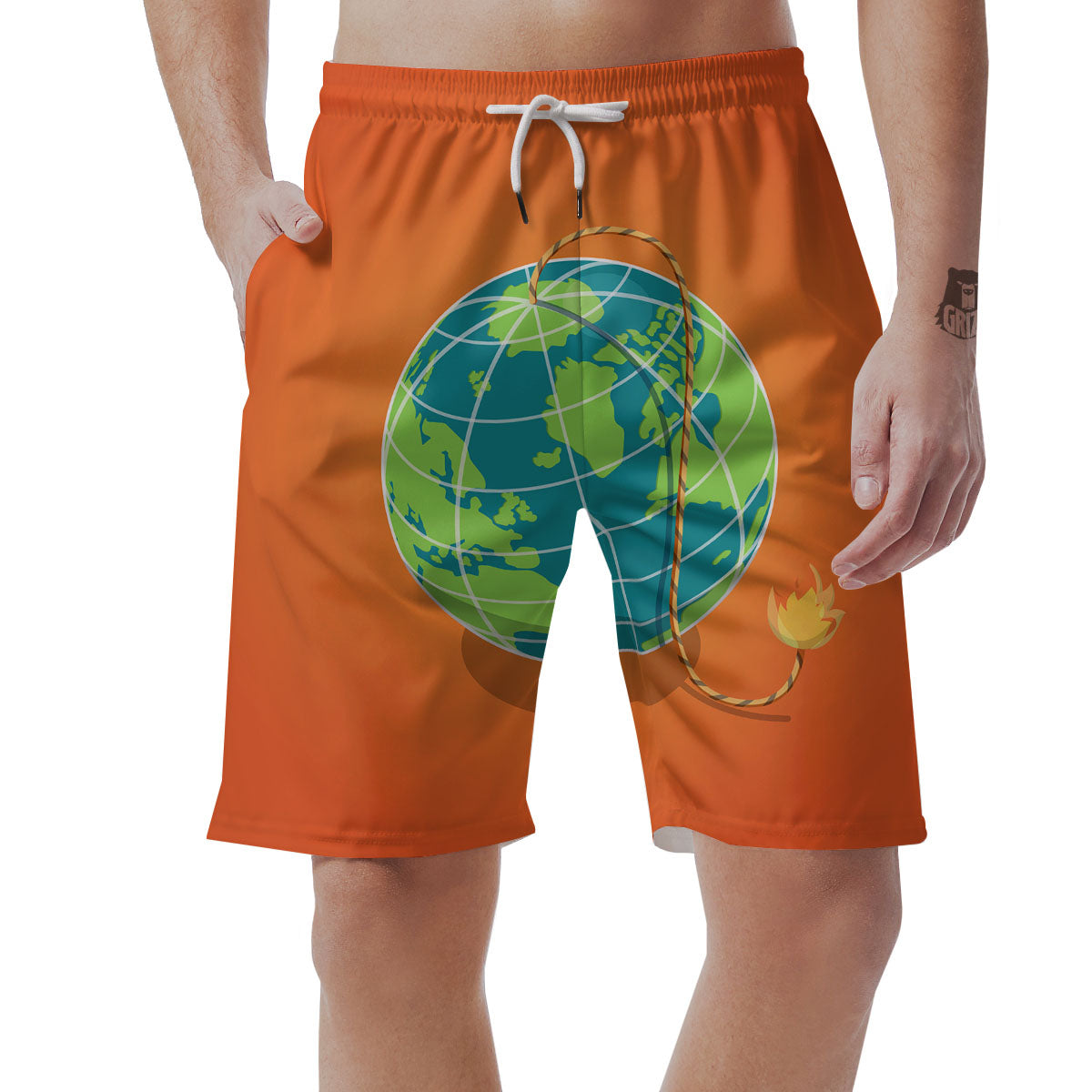 Planet Earth With Burning Fuse Orange Print Men's Shorts-grizzshop