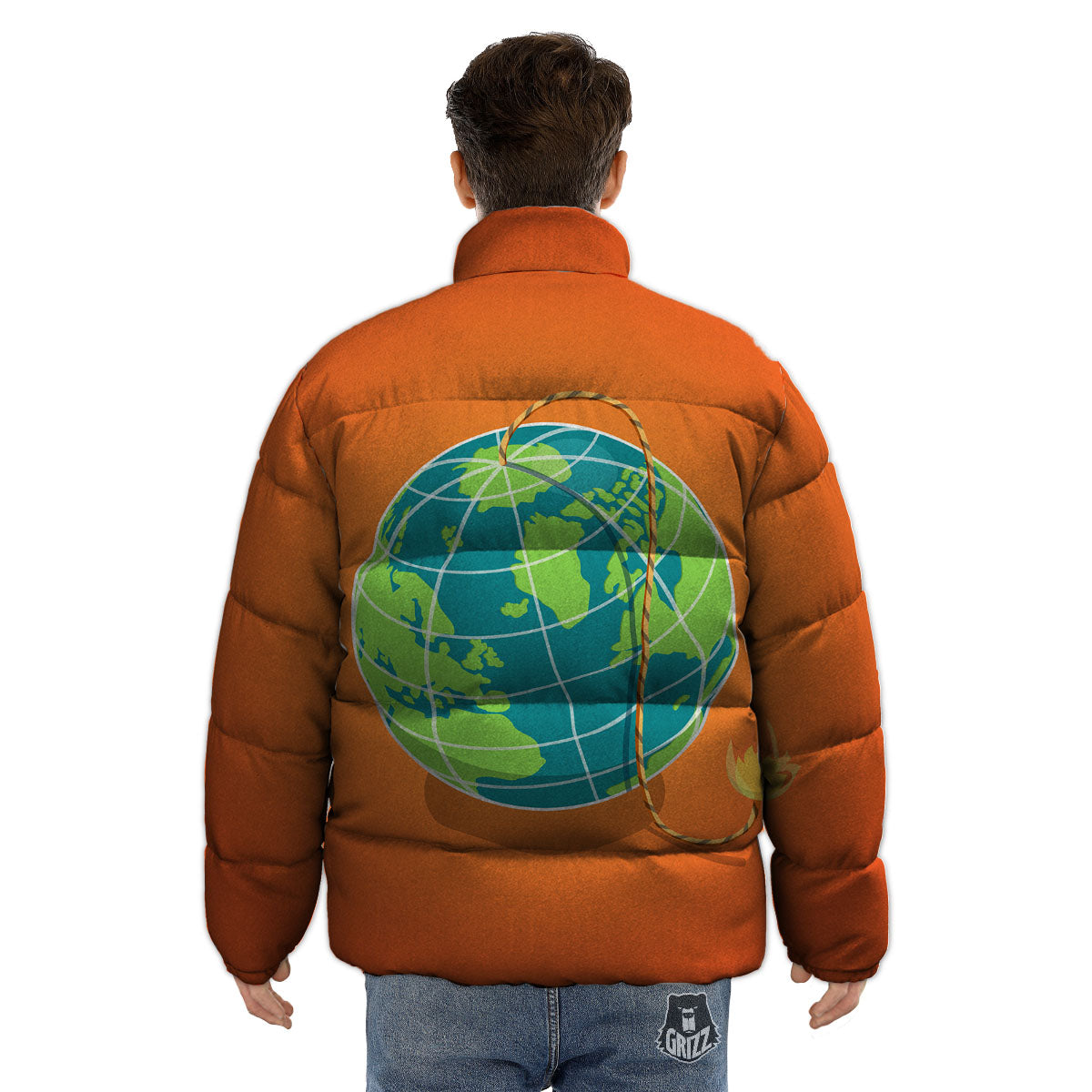 Planet Earth With Burning Fuse Orange Print Puffer Jacket-grizzshop