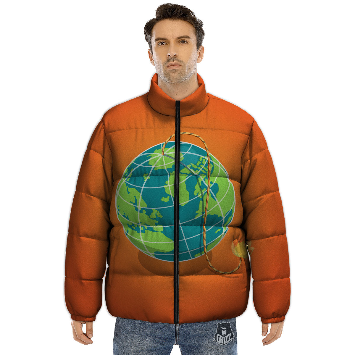Planet Earth With Burning Fuse Orange Print Puffer Jacket-grizzshop