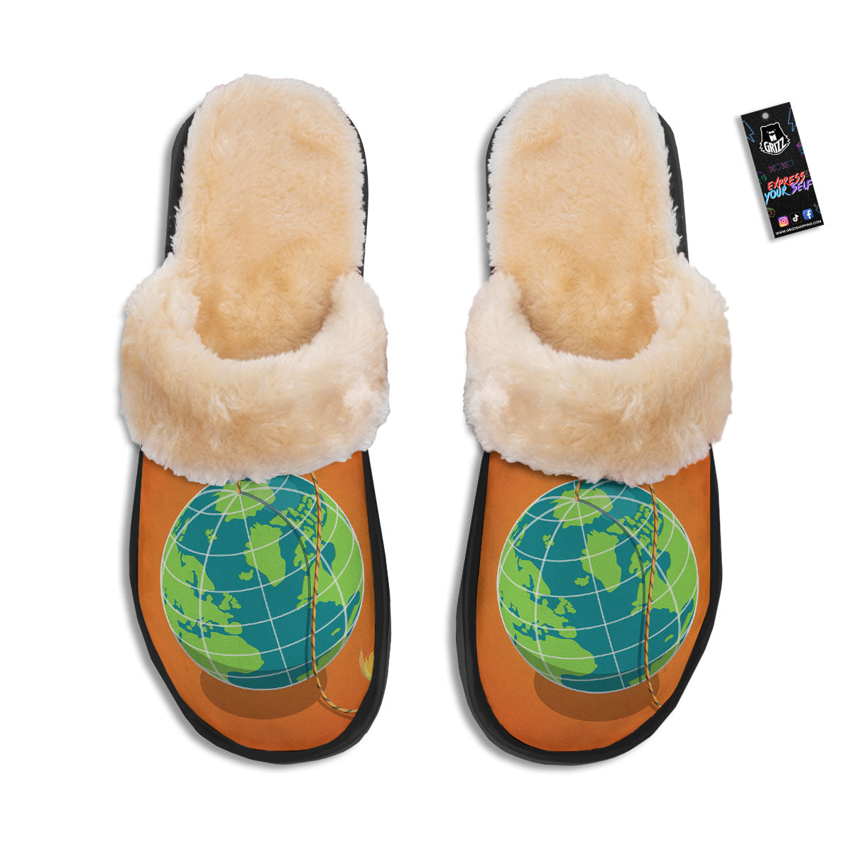 Planet Earth With Burning Fuse Orange Print Slippers-grizzshop
