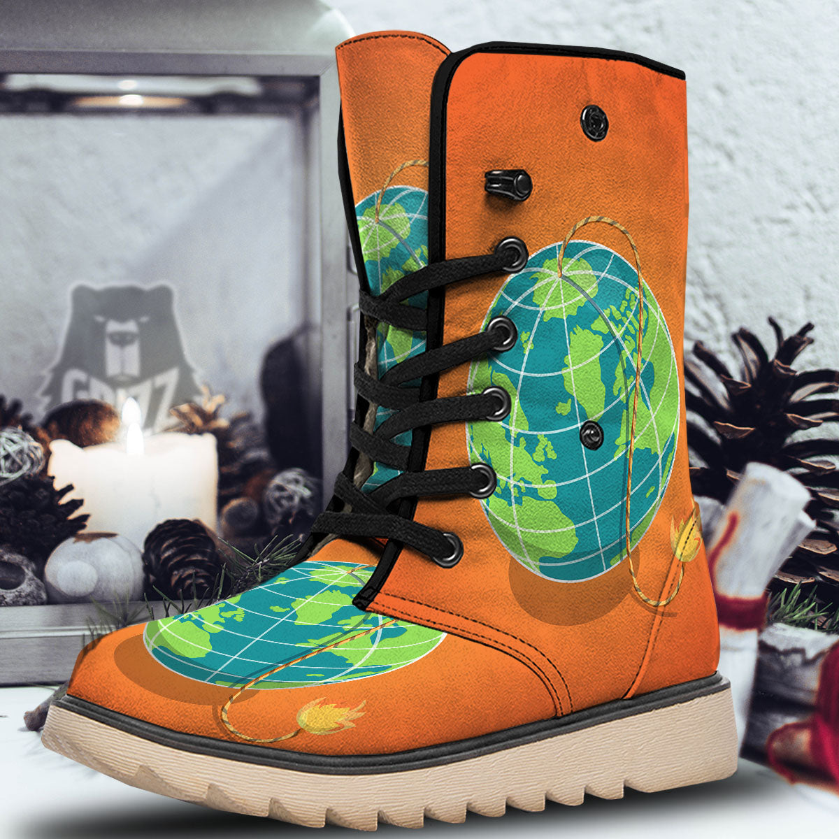 Planet Earth With Burning Fuse Orange Print Snow Boots-grizzshop