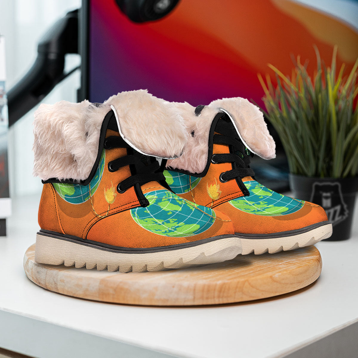 Planet Earth With Burning Fuse Orange Print Snow Boots-grizzshop