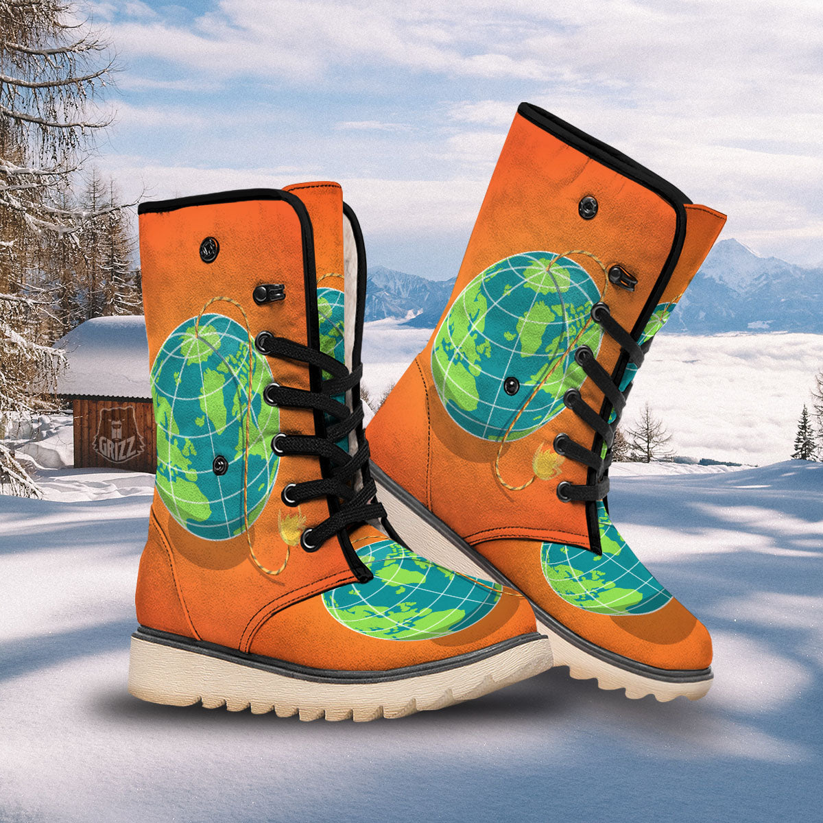 Planet Earth With Burning Fuse Orange Print Snow Boots-grizzshop