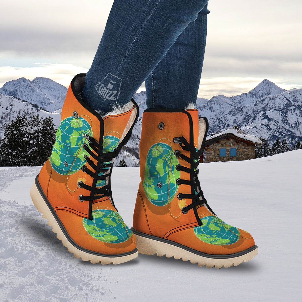 Planet Earth With Burning Fuse Orange Print Snow Boots-grizzshop