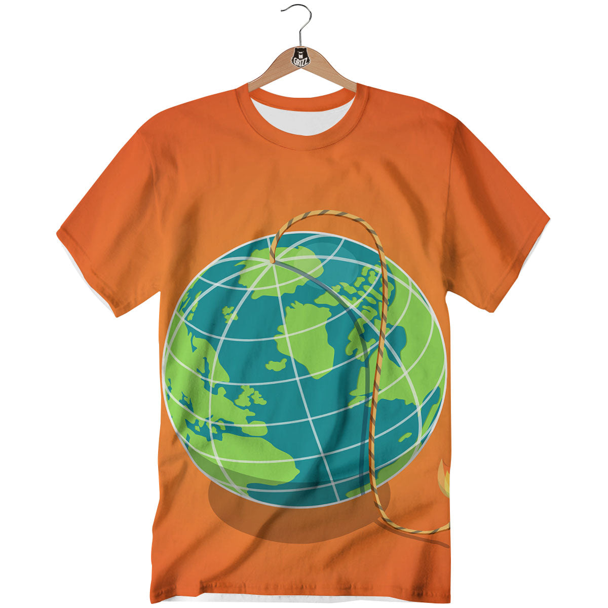 Planet Earth With Burning Fuse Orange Print T-Shirt-grizzshop