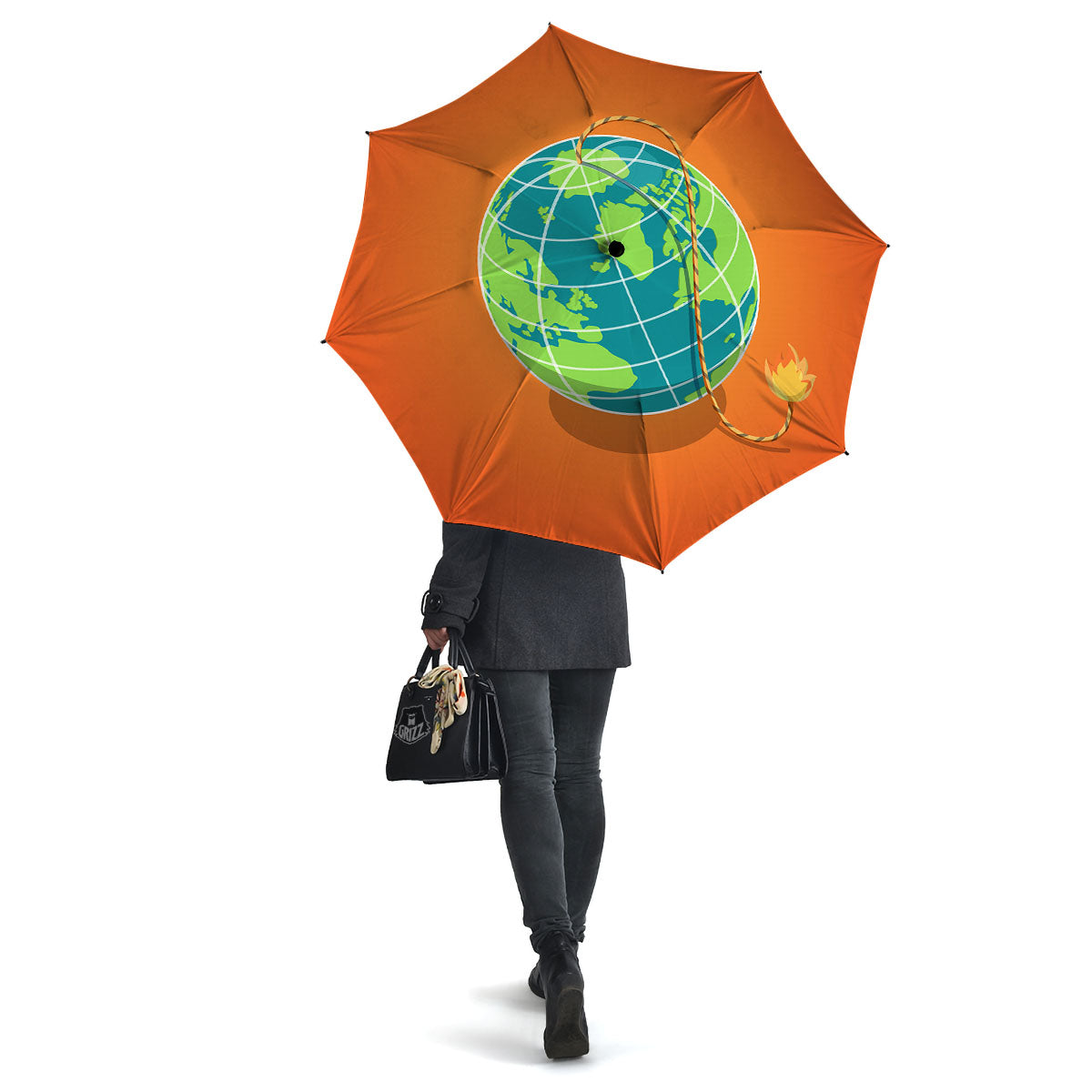 Planet Earth With Burning Fuse Orange Print Umbrella-grizzshop