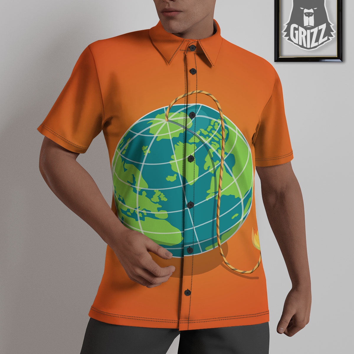 Planet Earth With Burning Fuse Orange Print Untucked Shirts-grizzshop