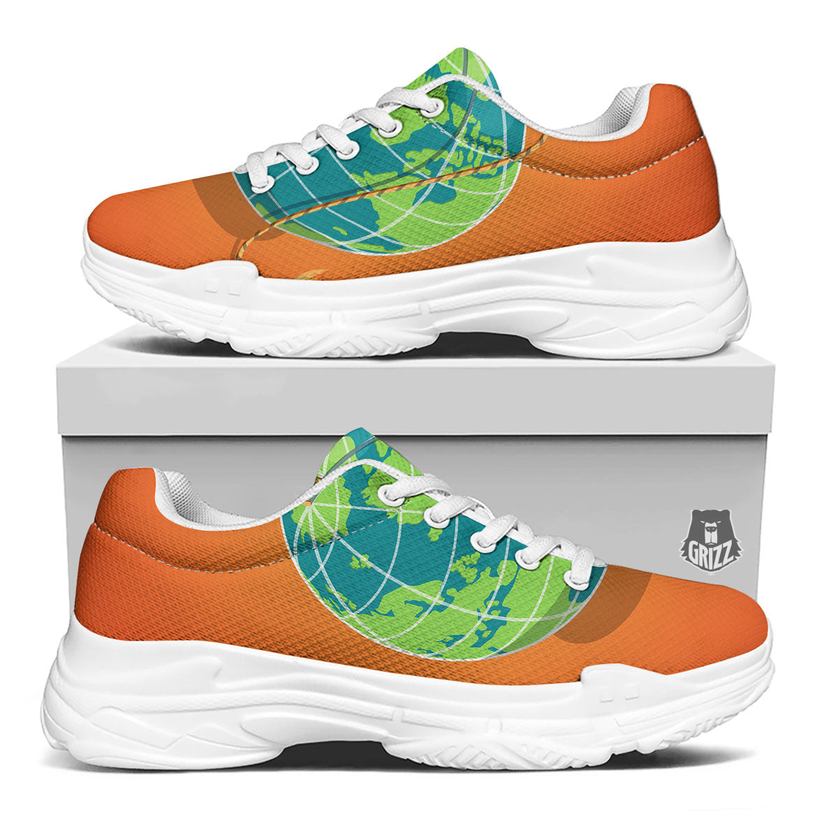 Planet Earth With Burning Fuse Orange Print White Chunky Shoes-grizzshop