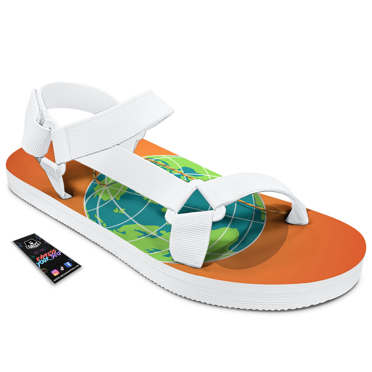 Planet Earth With Burning Fuse Orange Print White Open Toe Sandals-grizzshop