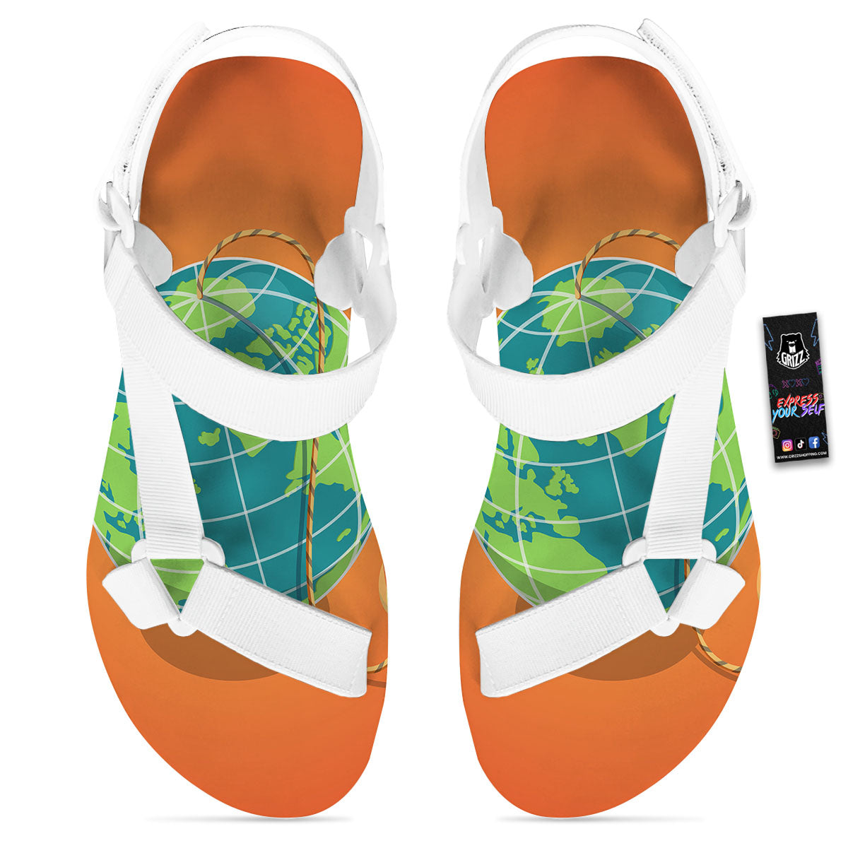 Planet Earth With Burning Fuse Orange Print White Open Toe Sandals-grizzshop