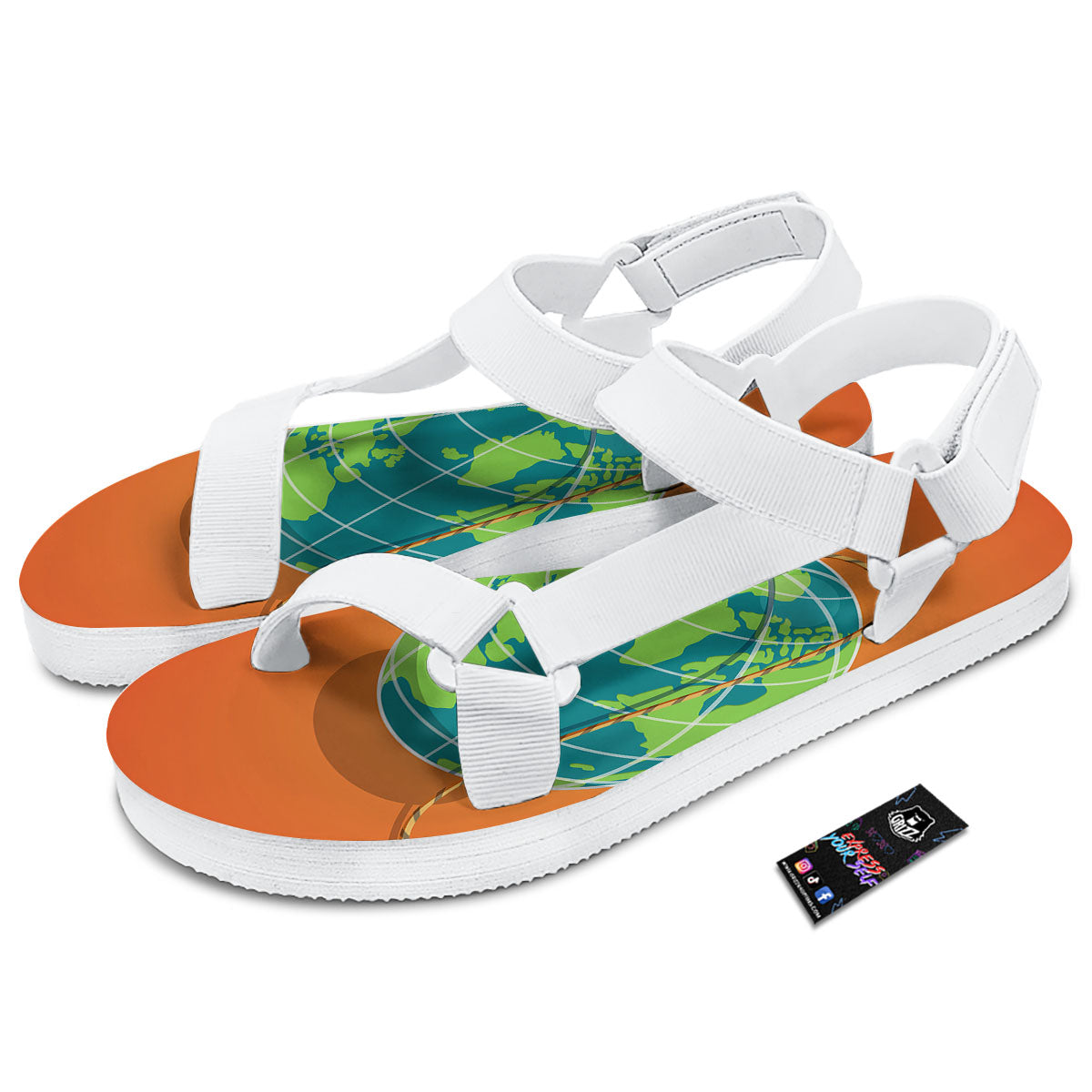 Planet Earth With Burning Fuse Orange Print White Open Toe Sandals-grizzshop