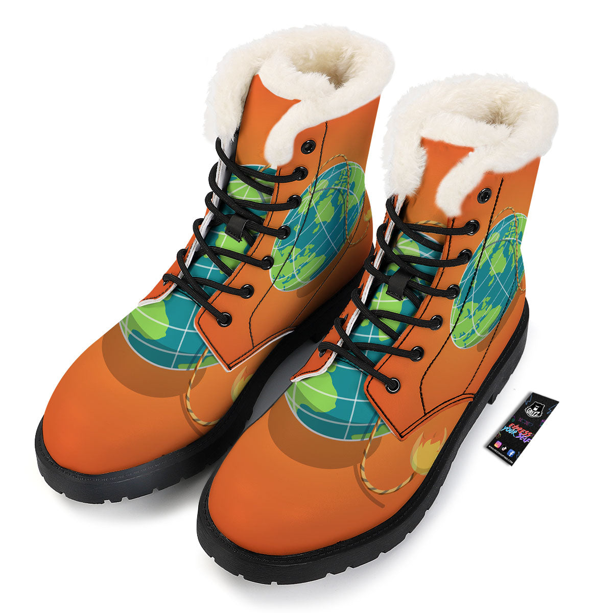 Planet Earth With Burning Fuse Orange Print Winter Boots-grizzshop
