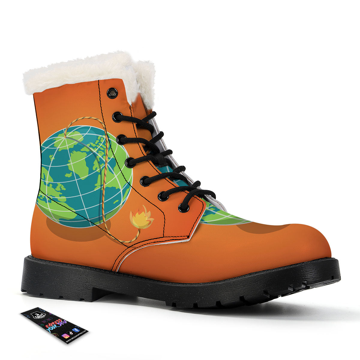Planet Earth With Burning Fuse Orange Print Winter Boots-grizzshop