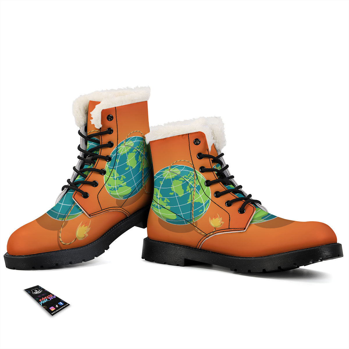 Planet Earth With Burning Fuse Orange Print Winter Boots-grizzshop