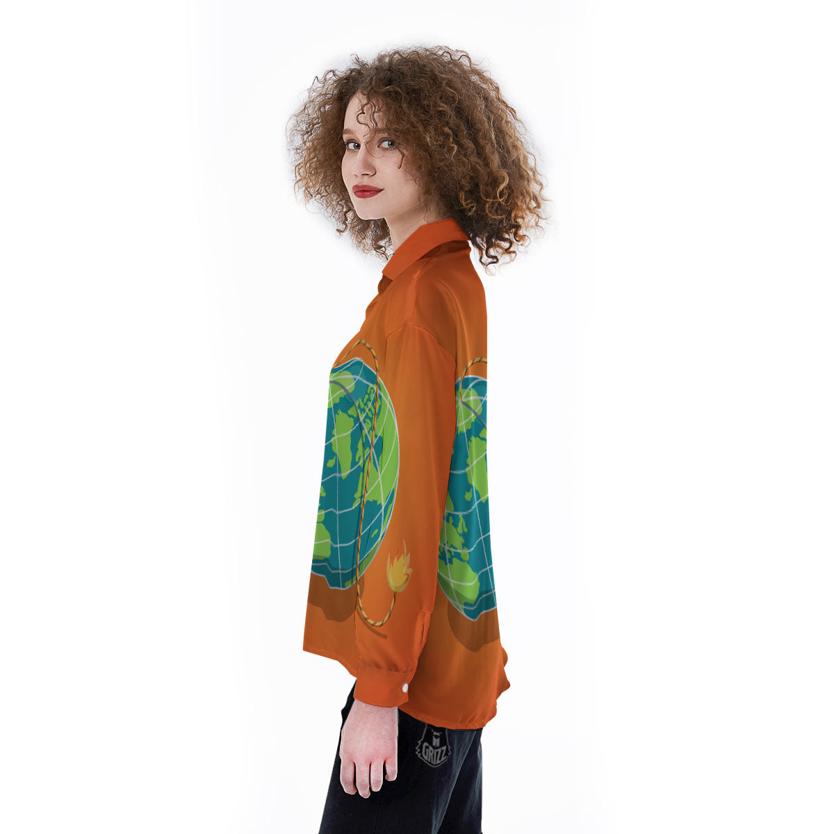 Planet Earth With Burning Fuse Orange Print Women's Long Sleeve Shirts-grizzshop