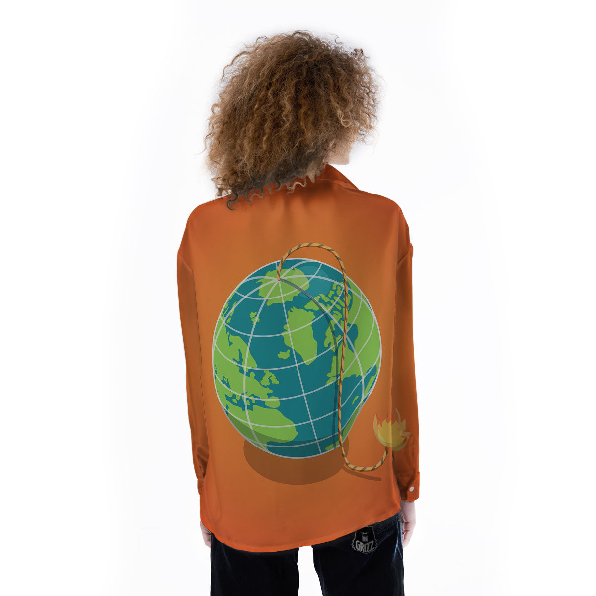 Planet Earth With Burning Fuse Orange Print Women's Long Sleeve Shirts-grizzshop