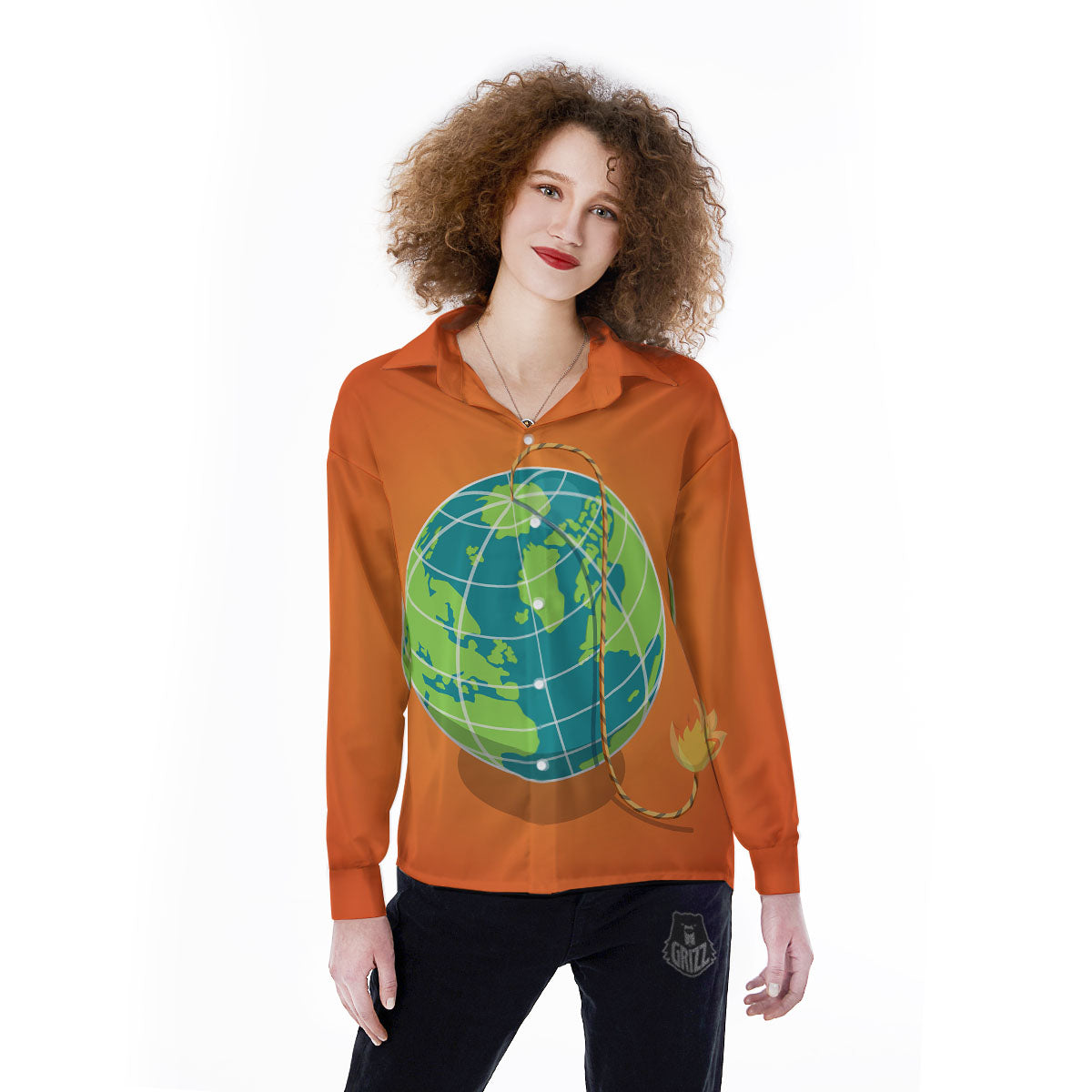 Planet Earth With Burning Fuse Orange Print Women's Long Sleeve Shirts-grizzshop