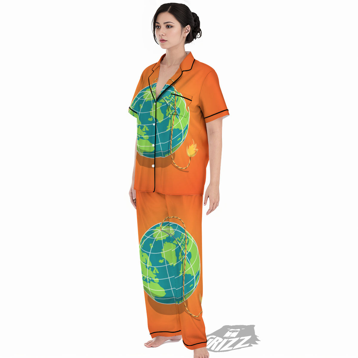 Planet Earth With Burning Fuse Orange Print Women's Pajamas Set-grizzshop